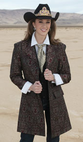 Miss Rodeo in Burgundy Paisley brocade coat