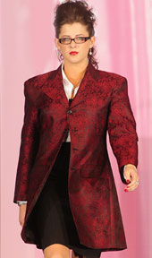 woman in red brocade coat